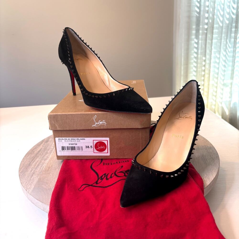 Christian Louboutin Follies Spikes 100 Pumps Black Suede Red Sole Heels Size 8.5